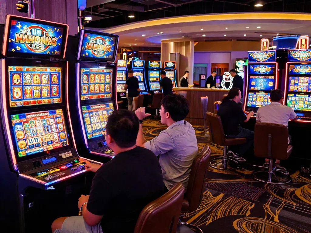 Players celebrating wins at Slot MAHJONGJP88 in a vibrant casino setting, highlighting excitement and engagement.