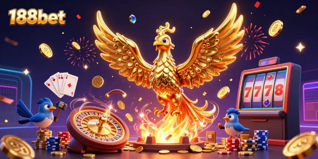 Spin and win with 188bet as golden phoenix coins burst from a vibrant casino scene.