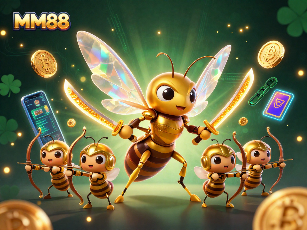 Experience exciting MM88 casino action with a dynamic scene featuring a giant hornet samurai among crypto symbols.