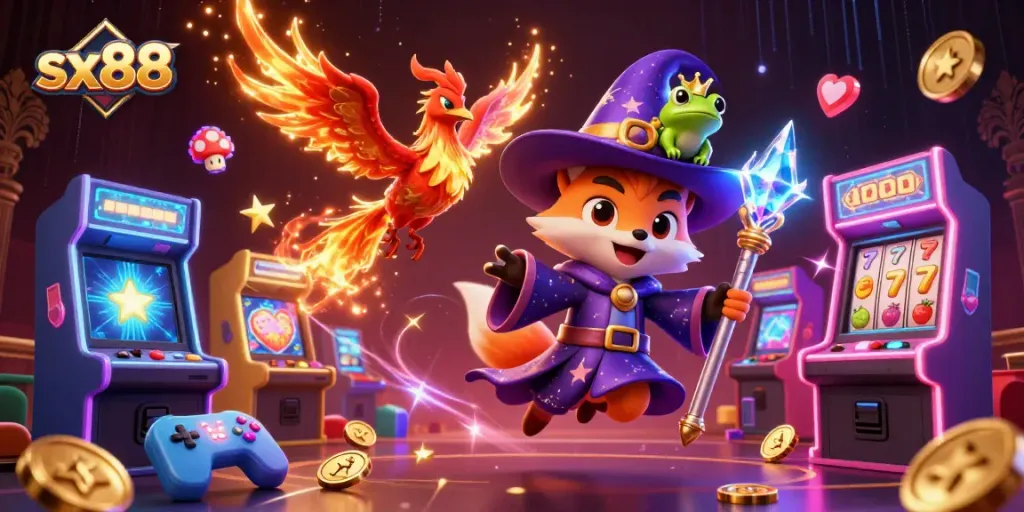 Join the sx88 adventure with a wizard fox, phoenix, and vibrant casino elements.