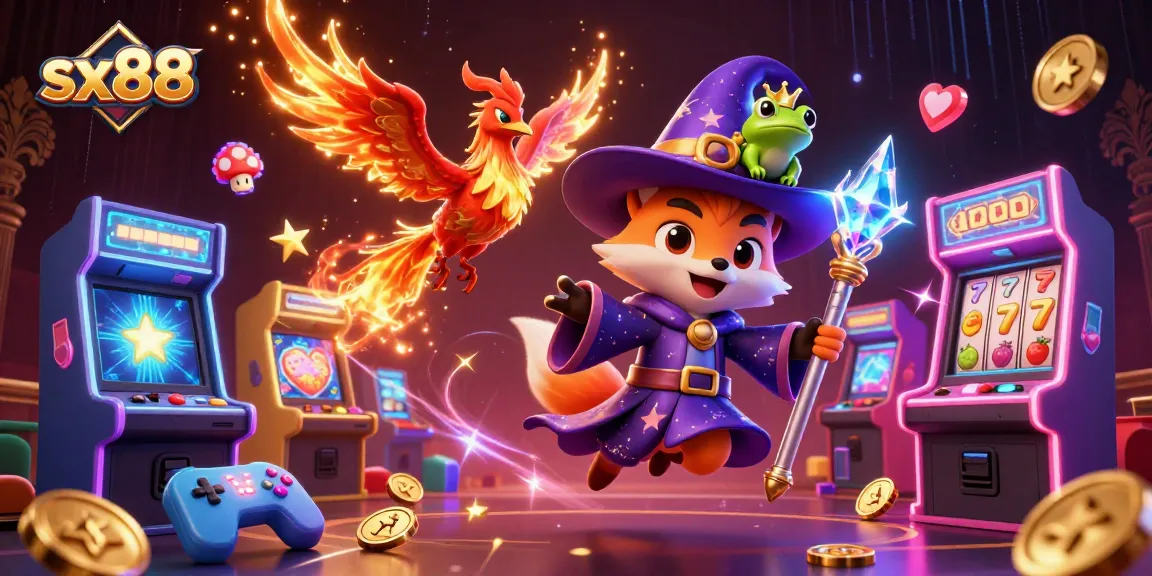 Join the sx88 adventure with a wizard fox, phoenix, and vibrant casino elements.