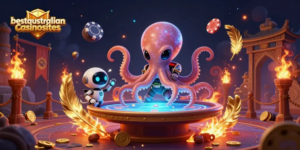 Engage with the exciting PayID casinos experience at bestaustraliancasinosites featuring a cartoon alien octopus gaming.
