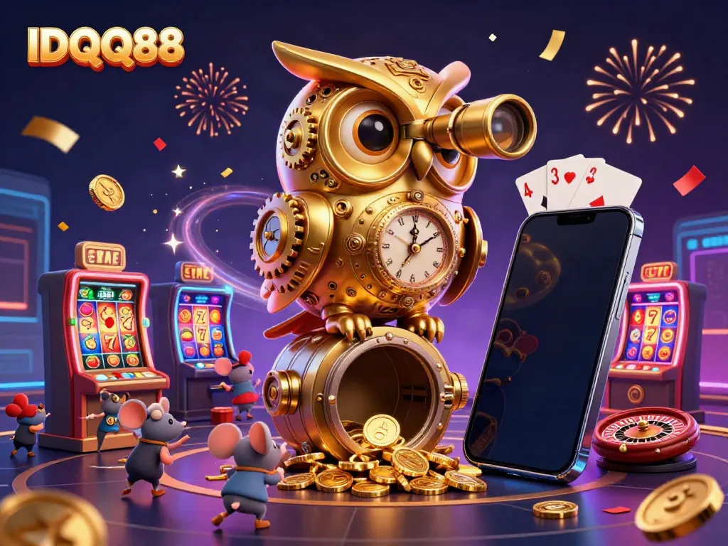 Engage with the IDQQ88 platform showcasing an animated casino scene featuring a clockwork owl and slot game excitement.