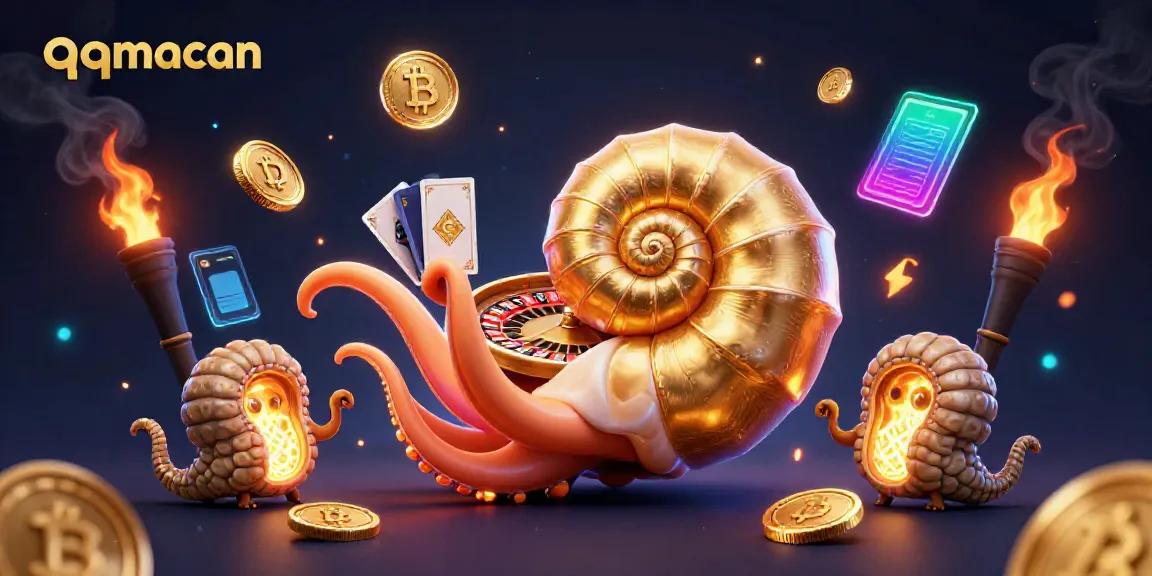 Join the thrilling world of qqmacan with a vibrant 3D depiction of casino excitement and crypto elements.