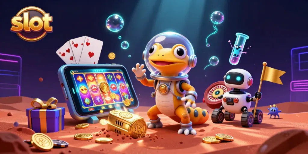 Permainan slot penuh warna dikelilingi makhluk luar angkasa dan elemen kasino di latar belakang Mars.
