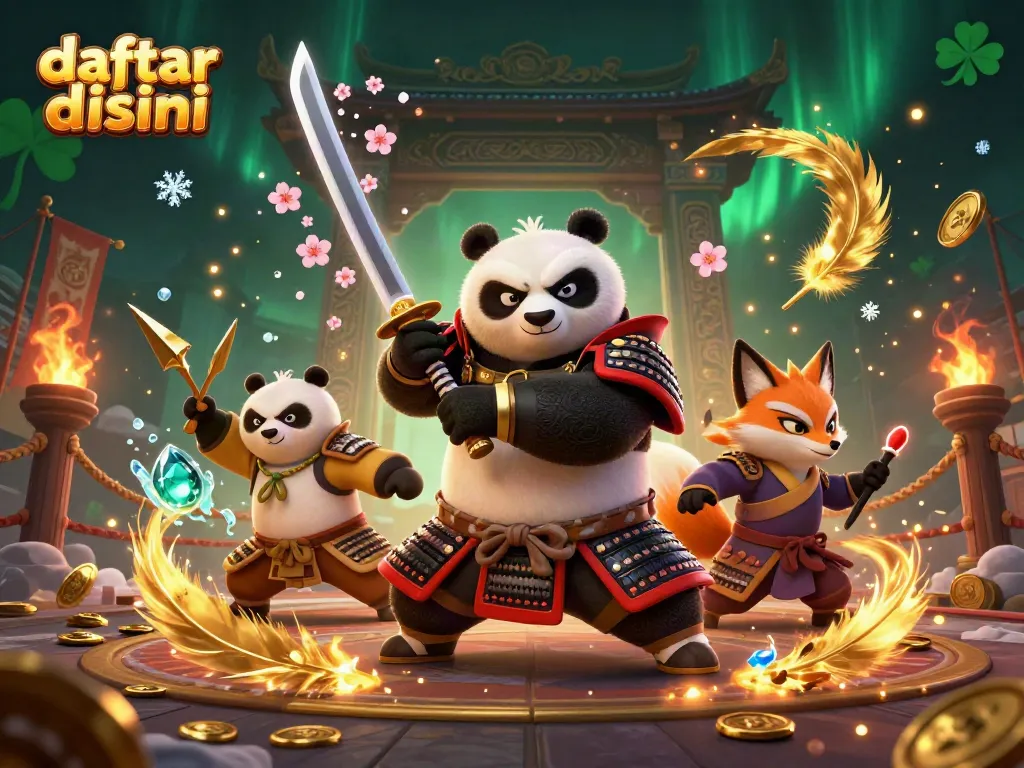Menghadirkan daftar disini, panda samurai 3D dan rubah ninja bertarung dengan shuriken emas di arena judi.