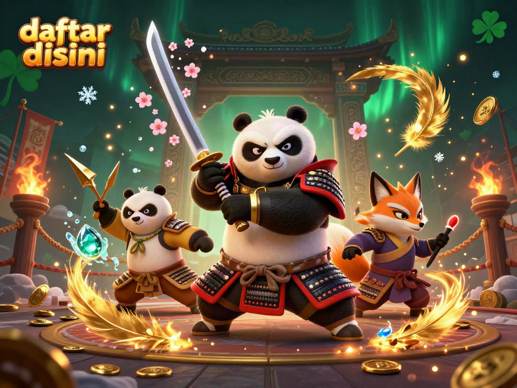 Menghadirkan daftar disini, panda samurai 3D dan rubah ninja bertarung dengan shuriken emas di arena judi.