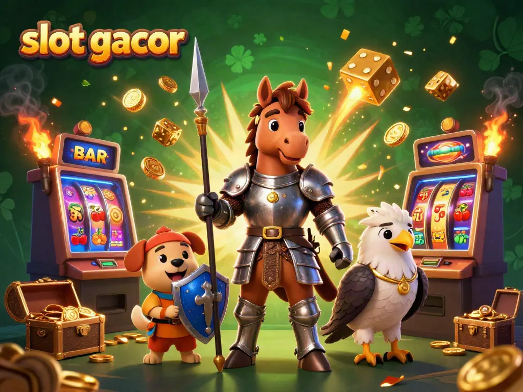 Engaging illustration of slot gacor featuring a knight, puppy, and falcon amidst jackpot slots and vibrant symbols.