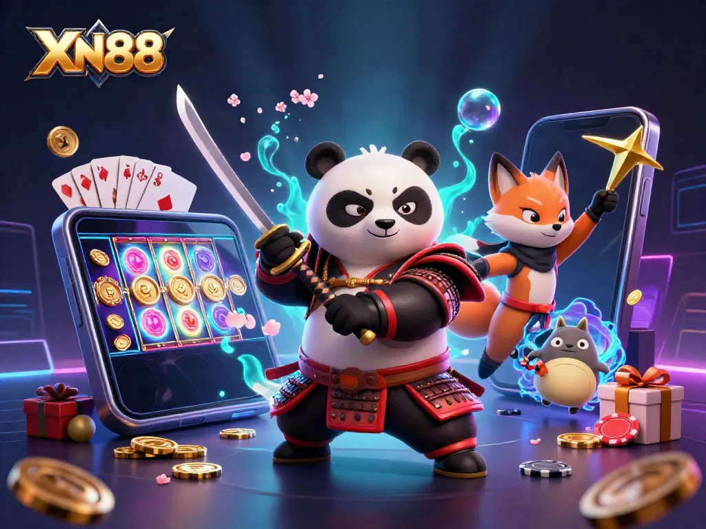 Experience the vibrant world of XN88 with a samurai panda, ninja fox, and tanuki amid dynamic casino elements.