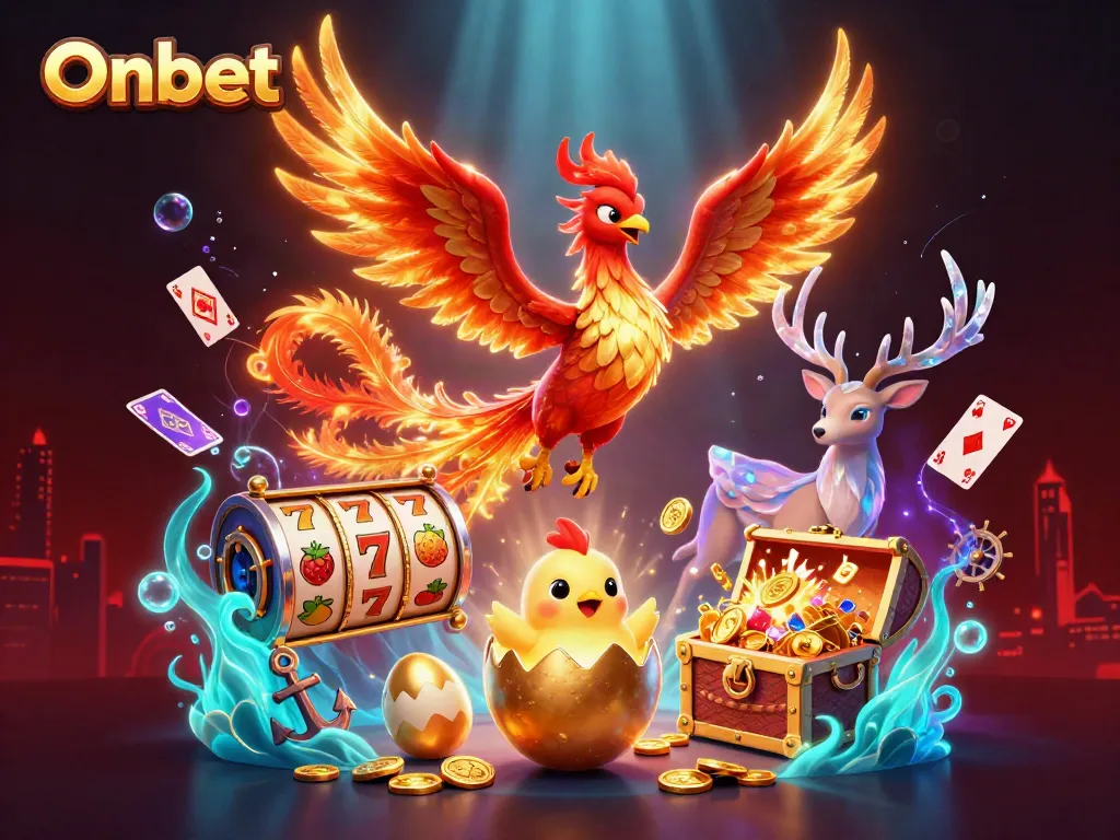 Engage with Onbet as a fire phoenix and baby phoenix shine amidst slot reels and casino elements.