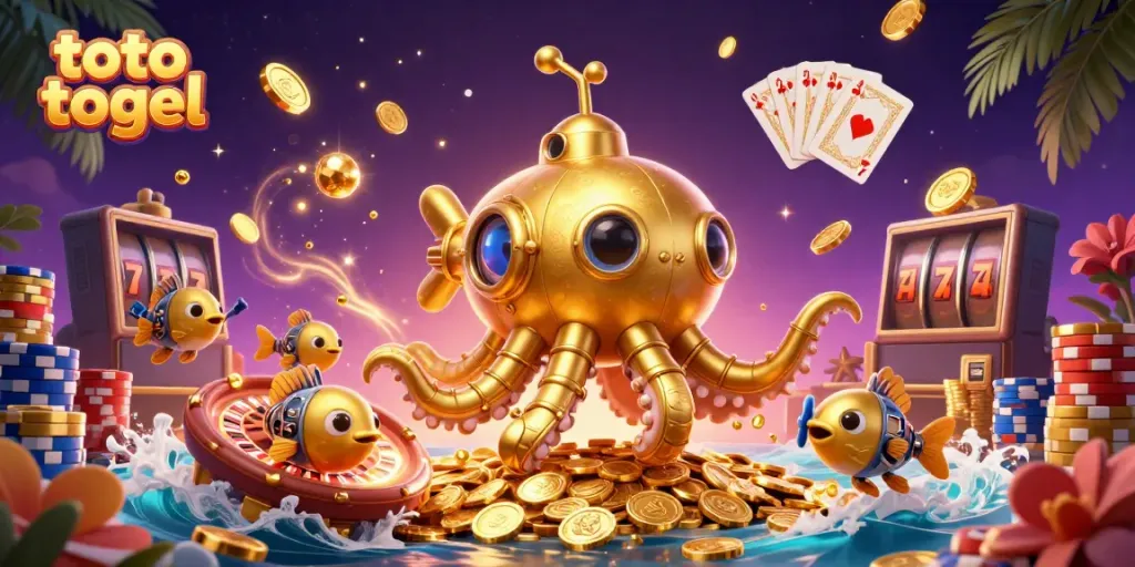 Win big with toto togel, featuring a golden kraken submarine surrounded by coins and vibrant game elements.