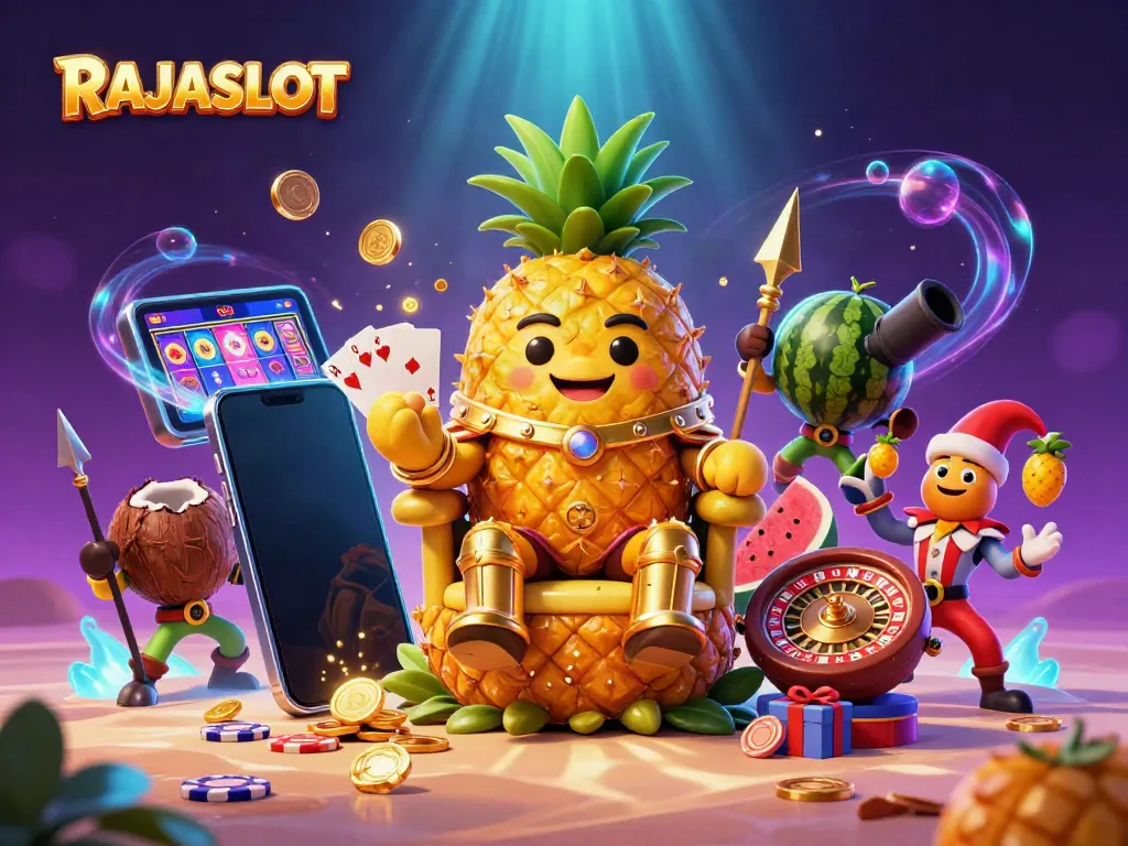 RAJASLOT menawarkan pengalaman bermain slot yang seru dengan karakter unik dalam ilustrasi kasino.