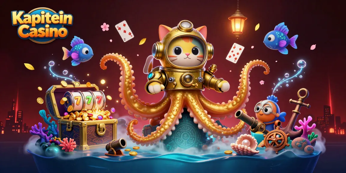 Gambar yang menangkap esensi Kapitein Casino dengan monster laut dan elemen kasino yang menarik.