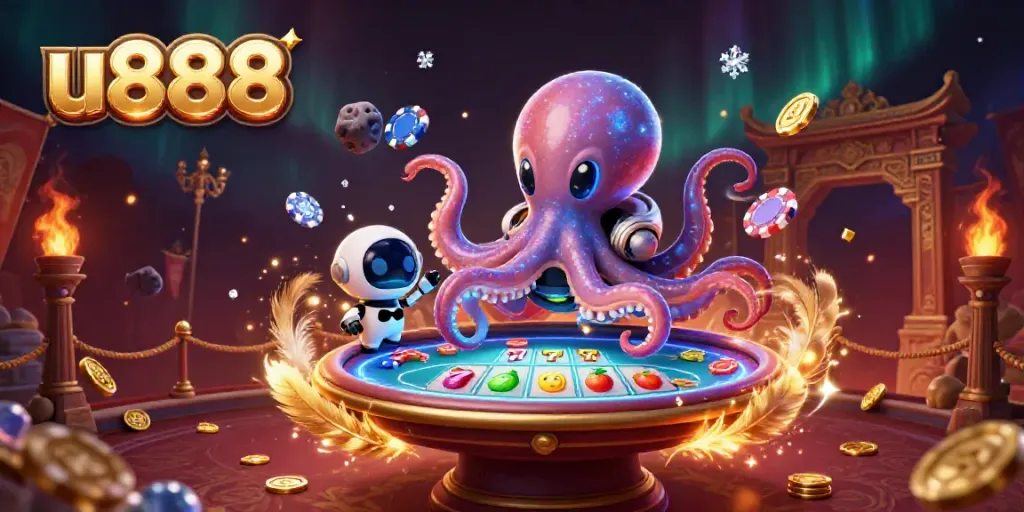 Engage with u888's vibrant alien casino scene featuring a playful octopus at a holographic poker table.