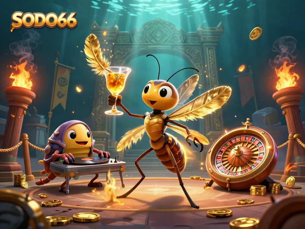 Experience the thrill of SODO66 with a vibrant 3D casino scene featuring a frozen mosquito mascot and DJ.