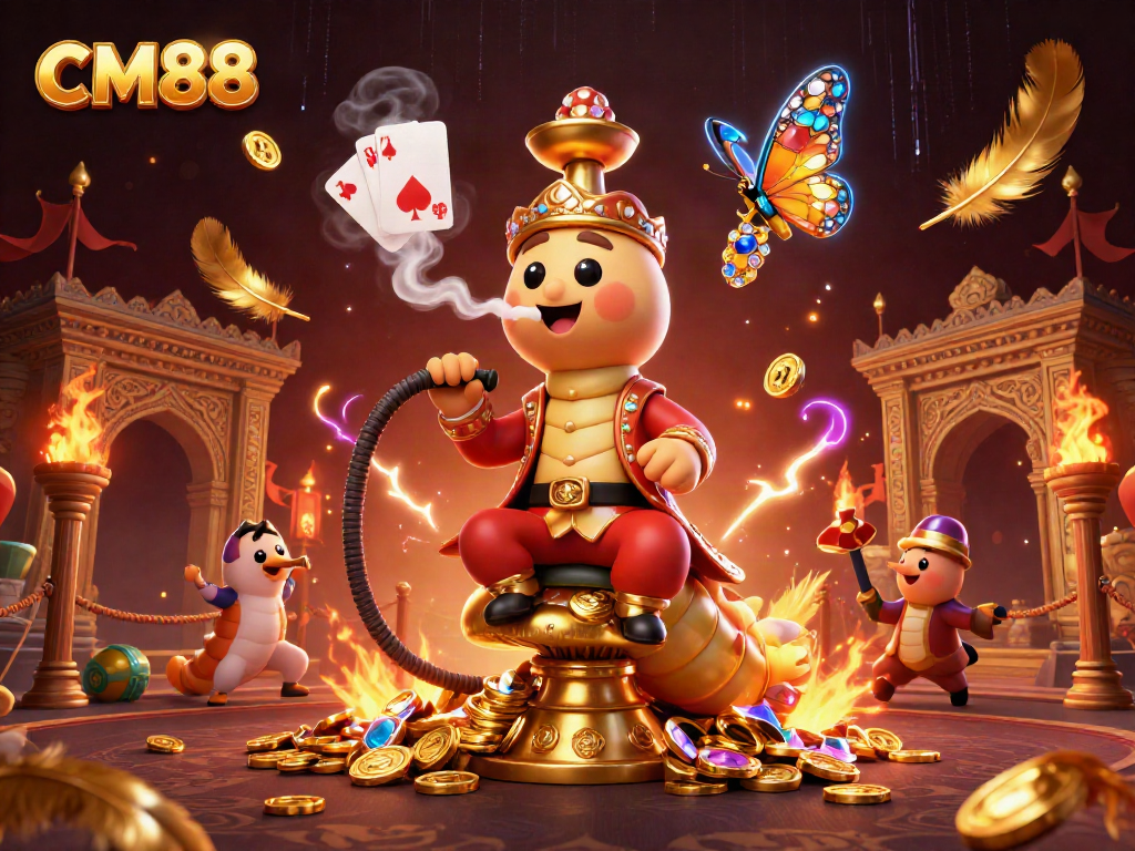 Engage with CM88's vibrant casino world featuring a lively hookah master and dynamic gaming elements.