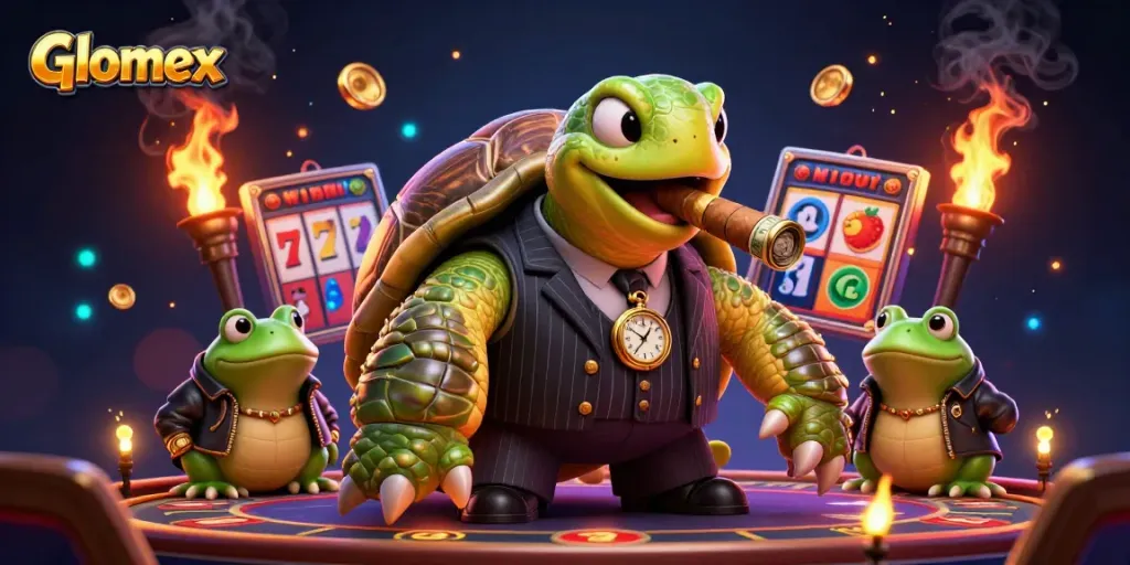 Engage in thrilling slots with Glomex's vivid illustration featuring a turtle mobster and casino elements.