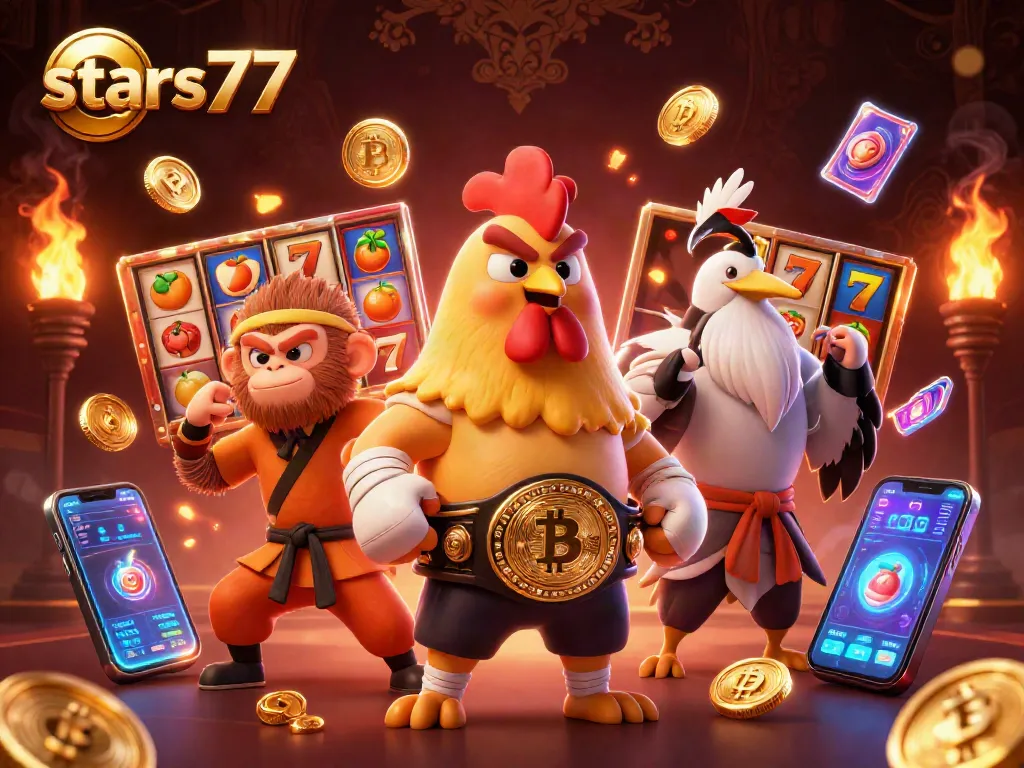 stars77 menghadirkan analisis pasar yang menarik dengan simbol slot dan ayam Muay Thai yang berjuang.