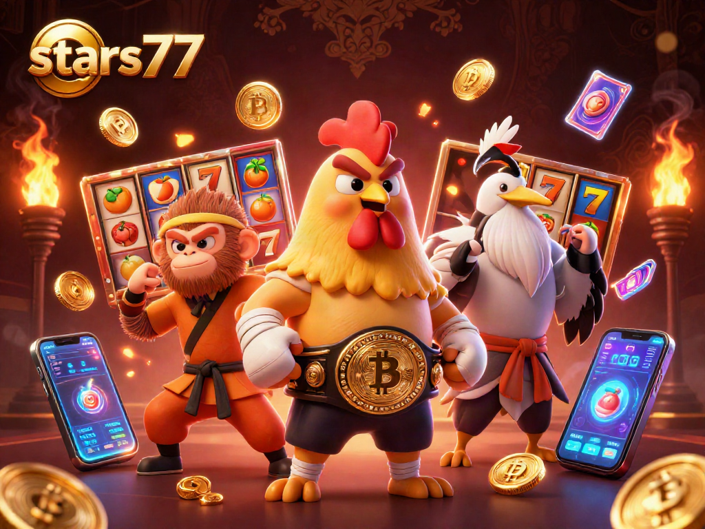 stars77 menghadirkan analisis pasar yang menarik dengan simbol slot dan ayam Muay Thai yang berjuang.