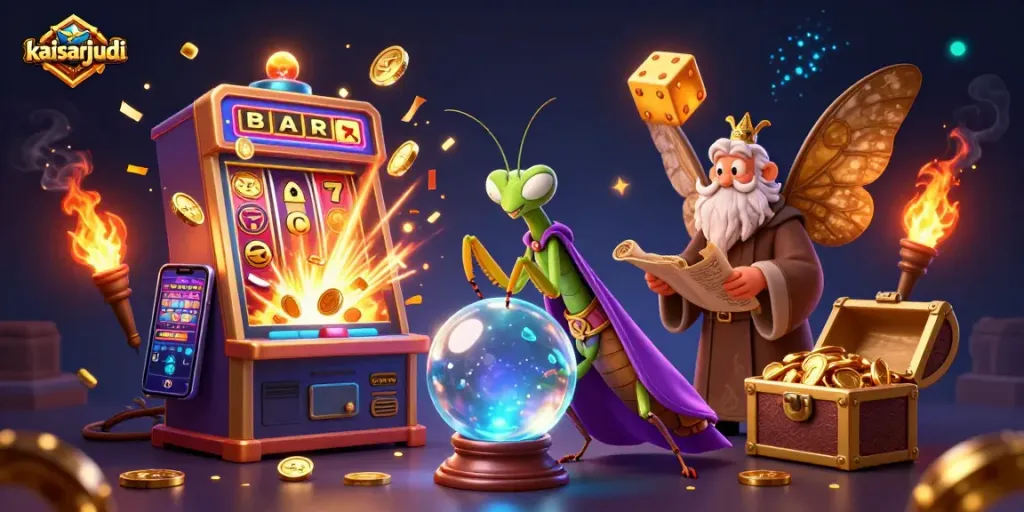 Kaisarjudi fortune teller scene with jackpots, vibrant casino elements, and mystical characters.
