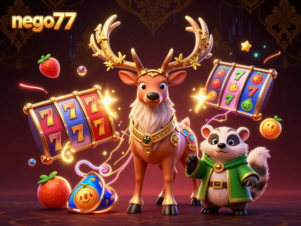 Play engaging slot games like noko77 with vibrant visuals featuring lucky symbols and druid characters.