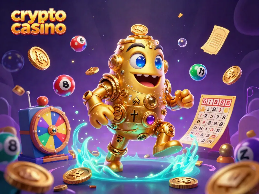 Experience the excitement of a crypto casino with vibrant imagery of games and animated elements.