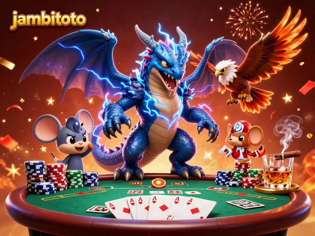 Experience thrilling gaming action with jambitoto featuring a thunder dragon and poker excitement in an electrifying scene.