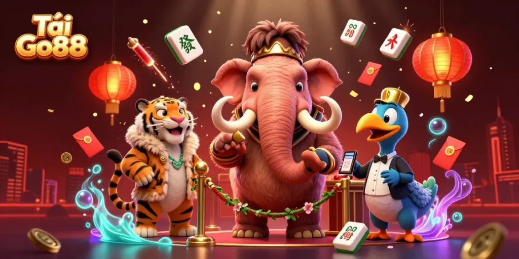 Engage with Tải Go88 in a colorful cartoon casino scene featuring unique animal characters.