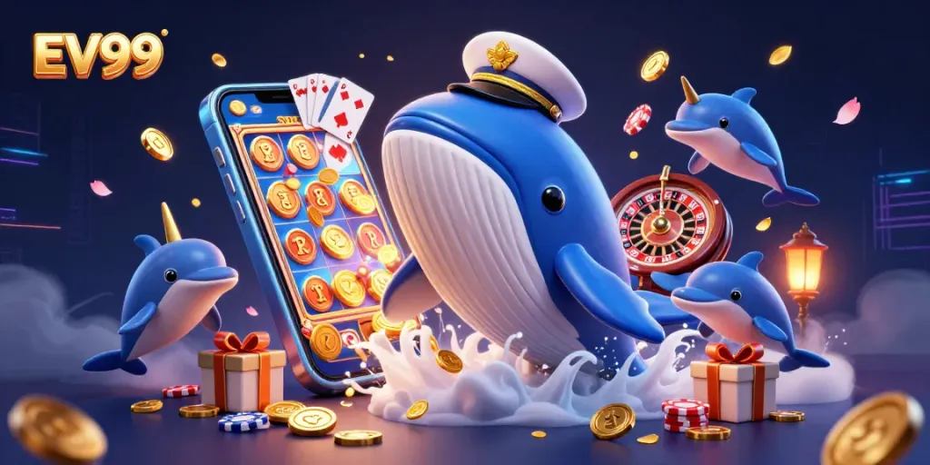 Experience thrilling wins with EV99 as a grand whale and playful sea creatures fill the casino scene.