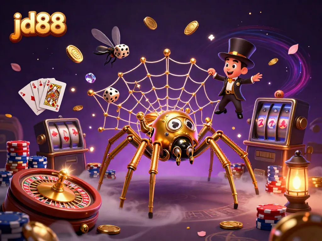 Experience thrilling gameplay at jd88 with a dynamic display of a golden spider, poker elements, and rich casino atmosphere.