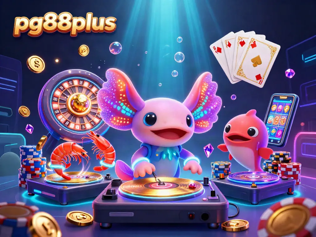 Experience the excitement of pg88plus with a vibrant underwater casino scene featuring an axolotl DJ and glowing sea creatures.