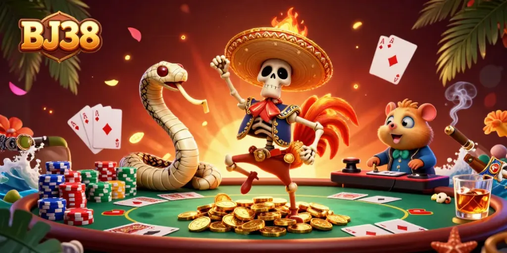 Join the celebration with BJ38 as a mariachi rooster dances on gold coins amidst vibrant poker elements.