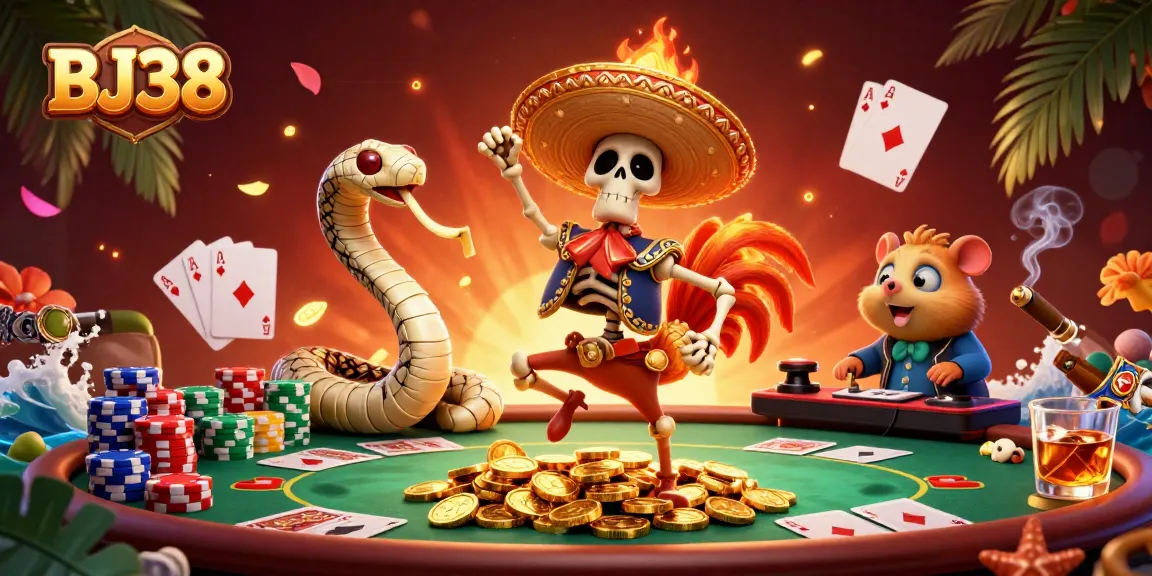 Join the celebration with BJ38 as a mariachi rooster dances on gold coins amidst vibrant poker elements.