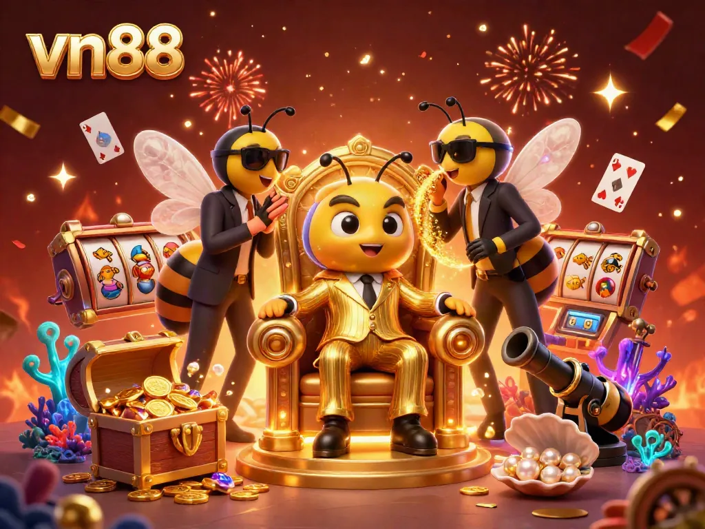Engage with vn88's vibrant casino world featuring the buzzing mob boss in a honeycomb throne surrounded by gaming action.