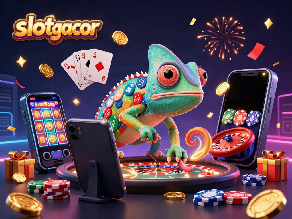 Experience winning gameplay with an ultra-detailed scene of slot gacor featuring casino elements like a chameleon and smartphone.