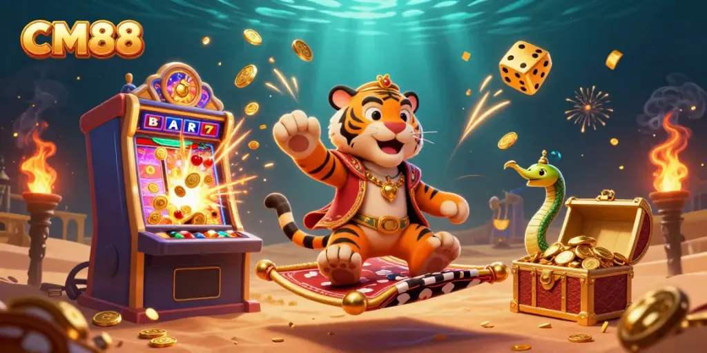 Experience the thrill of CM88's vibrant casino atmosphere with a 3D cartoon sultan amidst exciting game elements.