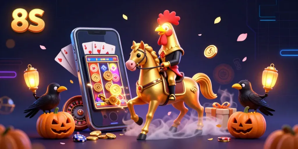 Experience the thrill of 8S with a golden rooster in a vibrant midnight casino scene, showcasing thrilling slots.