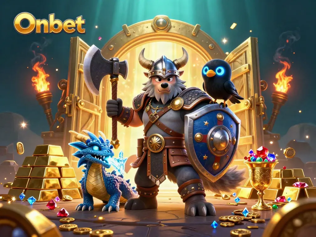 Engage with Onbet's thrilling casino adventure featuring a Viking wolf warrior amidst gold treasures.
