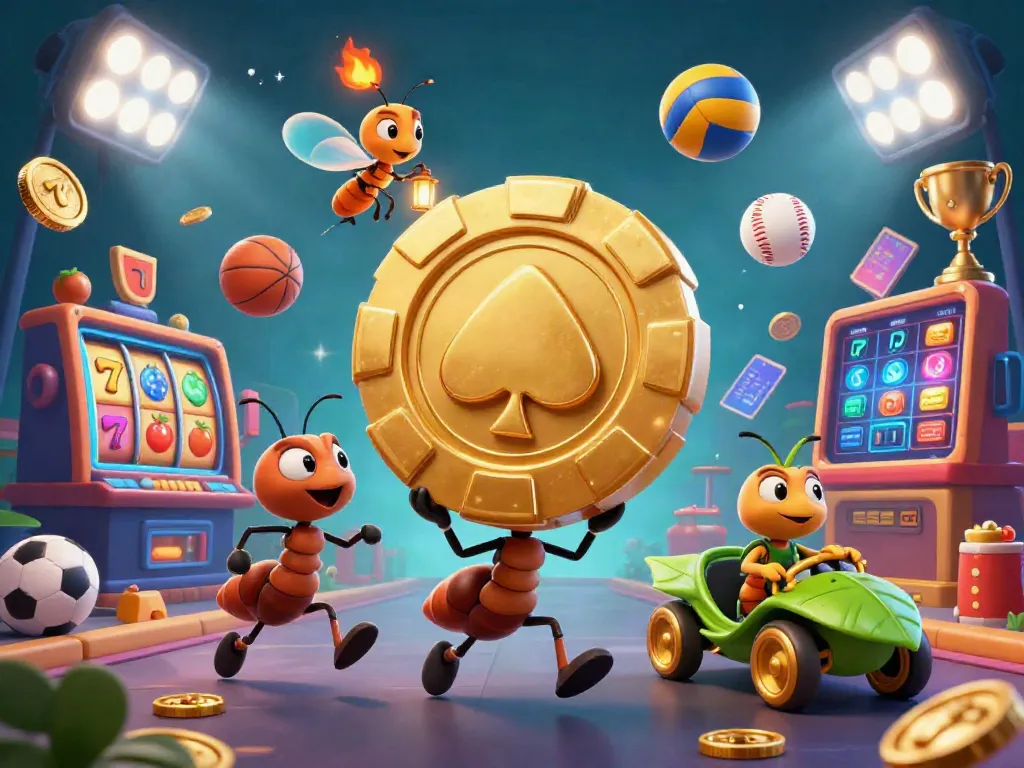 Permainan harta138 di slot kasino dengan karakter semut dan chip emas, menawarkan pengalaman bermain yang menarik.