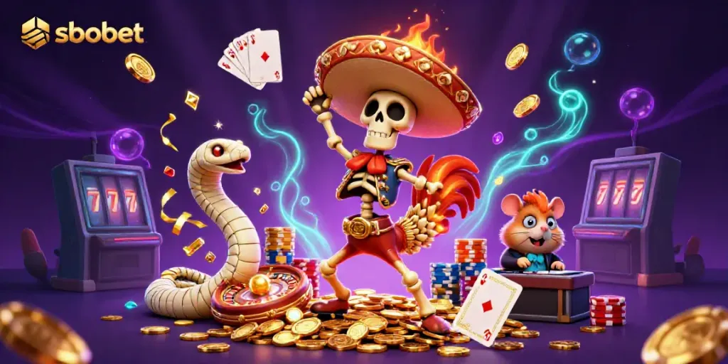 Engaging scene of a skeleton mariachi rooster celebrating on coins, promoting sbobet betting.