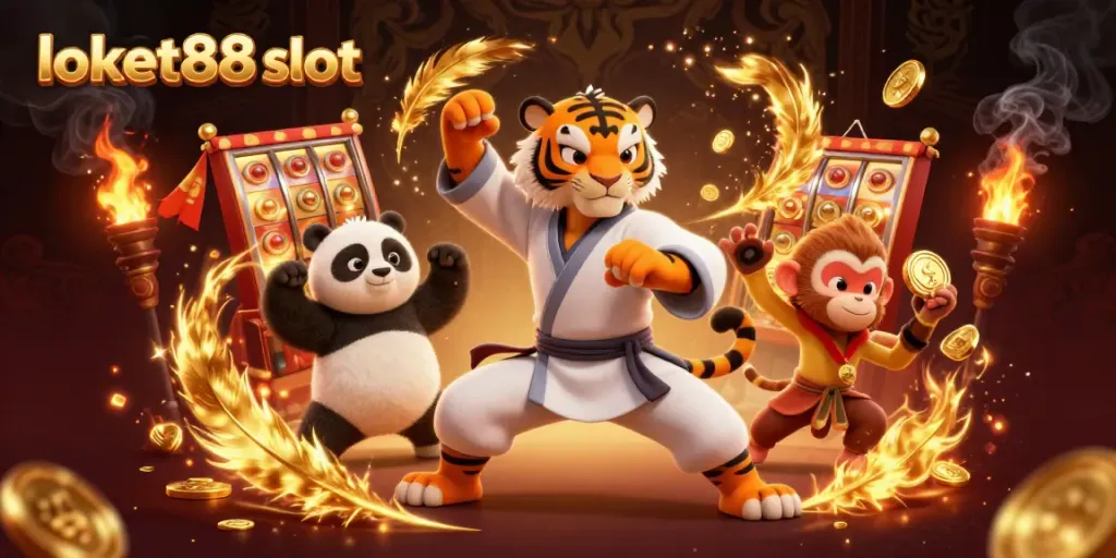 Engage with loket88 slot in a thrilling 3D casino scene featuring animated characters and slot elements.