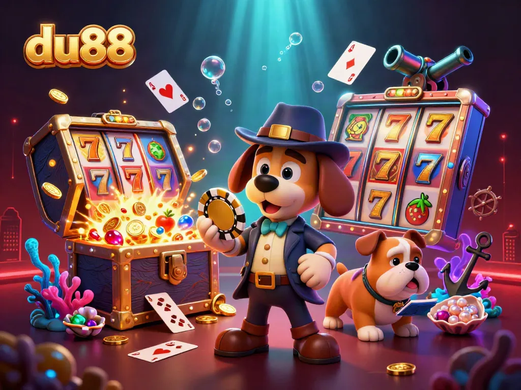 du88 excitement in a vibrant casino scene with cartoon detective and treasures