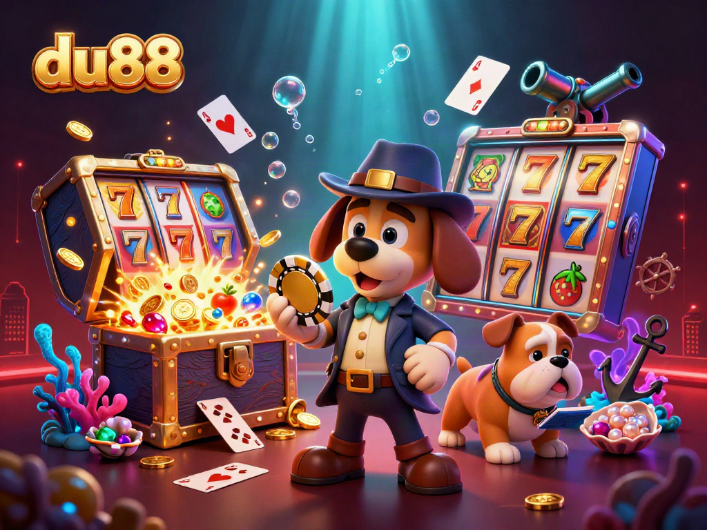 du88 excitement in a vibrant casino scene with cartoon detective and treasures