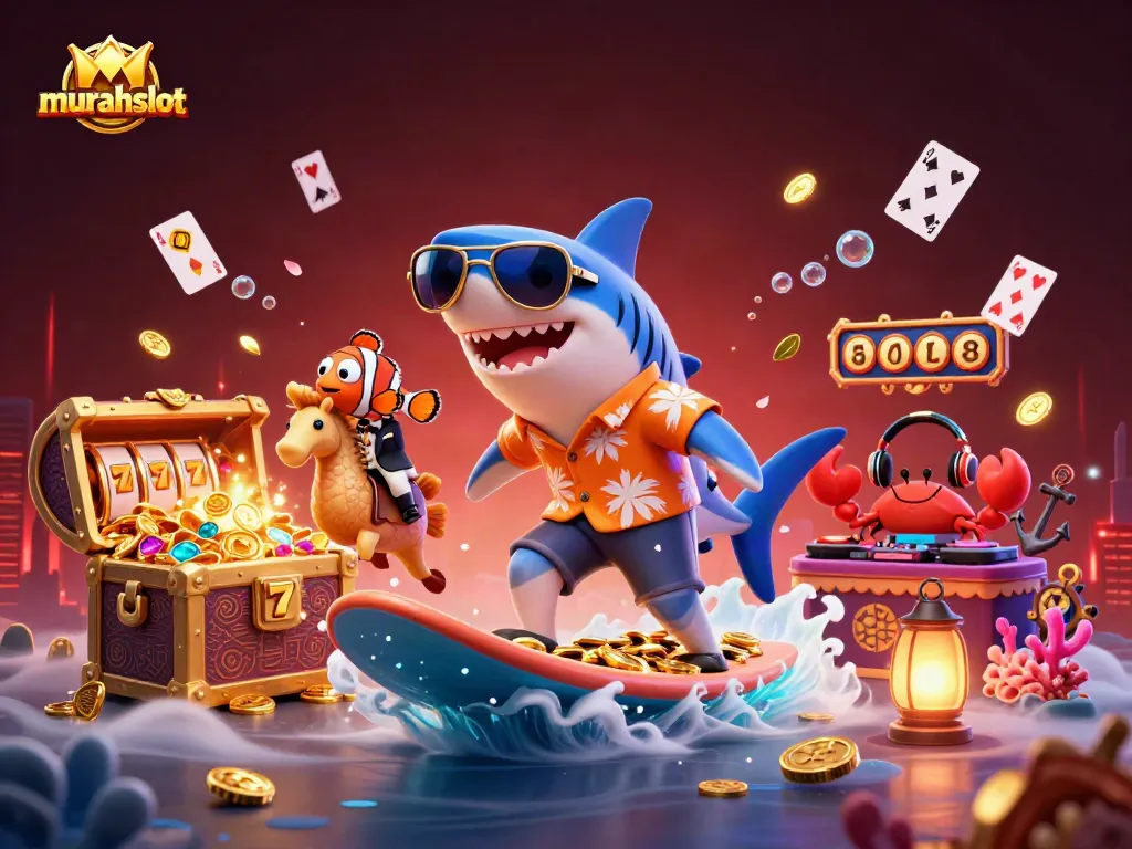 Murahslot menyajikan slot yang menarik dengan karakter laut yang ceria dan harta karun di tengah suasana kasino yang vibrant.