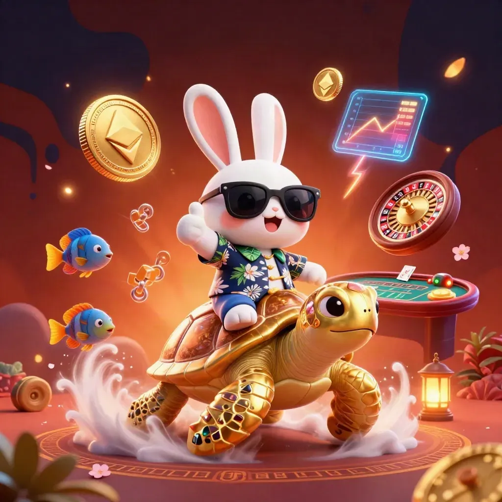 Lucky rabbit on golden sea turtle with neon casino coins, fish, and glowing runes