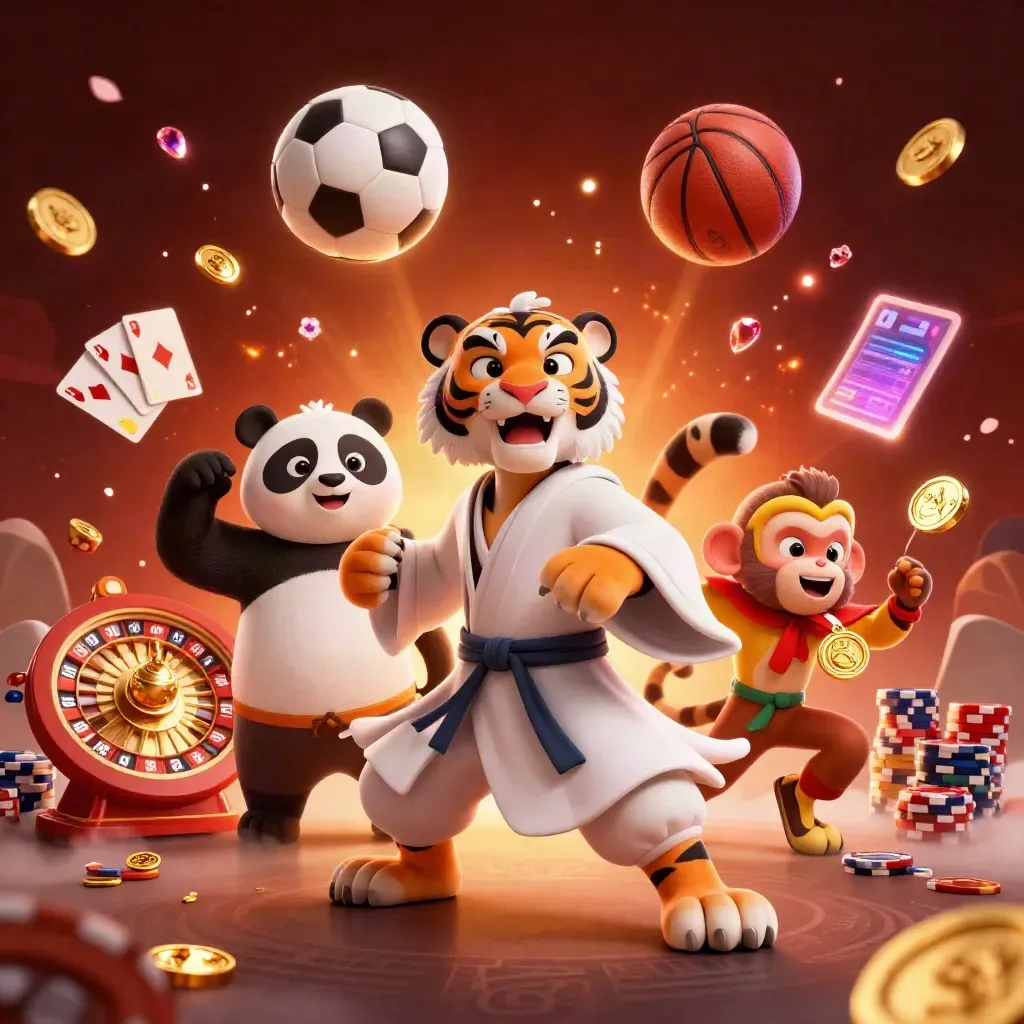 Ground-level casino key art of tiger, panda, and monkey amid coins, cards, chips, and sports balls