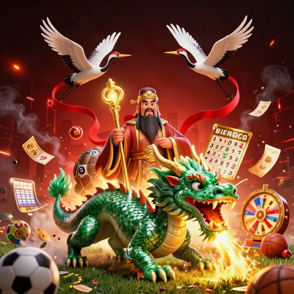 Golden-fire dragon, turtle sage, and cranes amid casino props and sports balls in a red-lit haze.