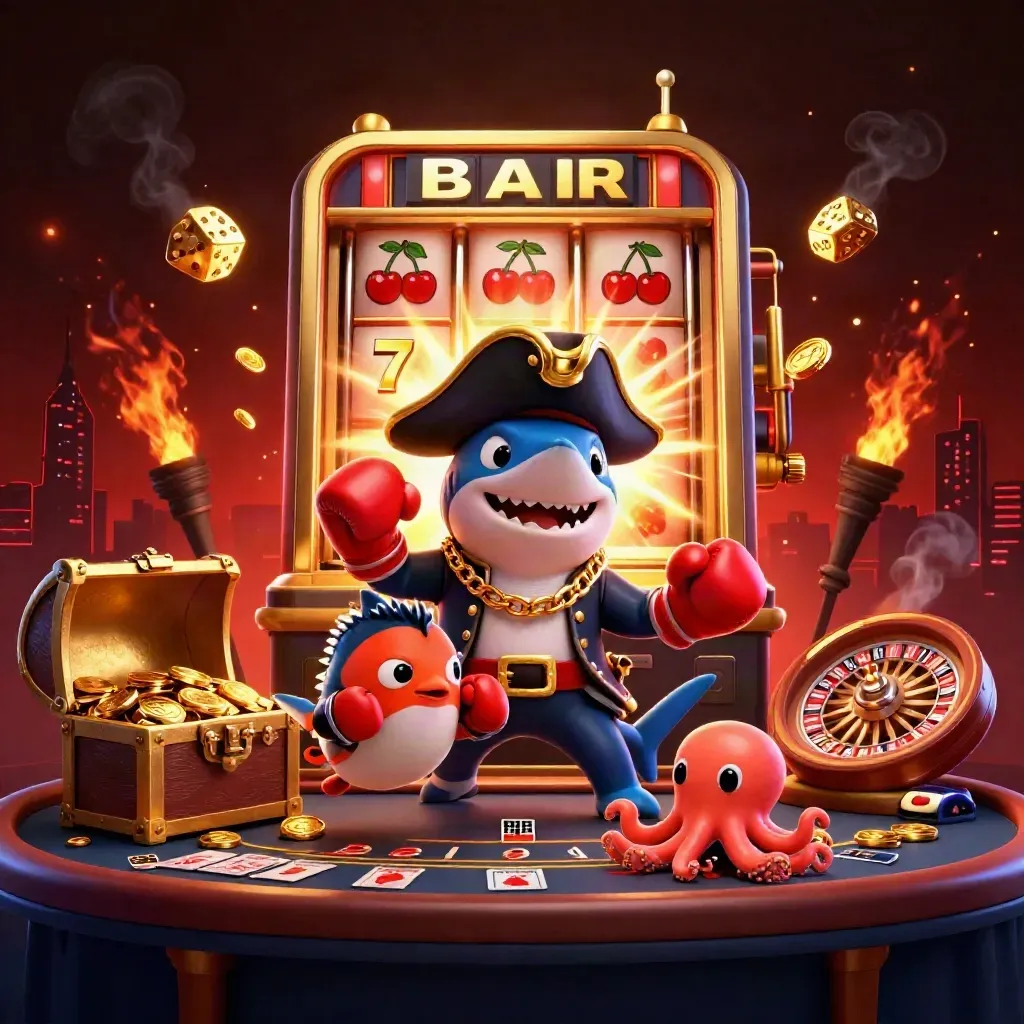 Shark pirate, pufferfish boxer and octopus amid casino jackpots, gold, and neon fire.
