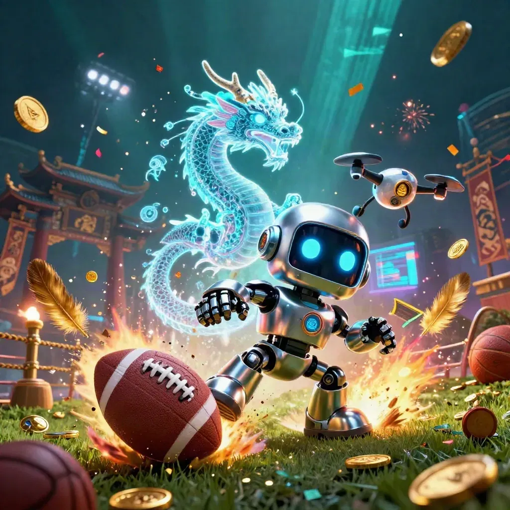 Robot mascot, holographic dragon and drone explode around a football with turf and gold sparks.