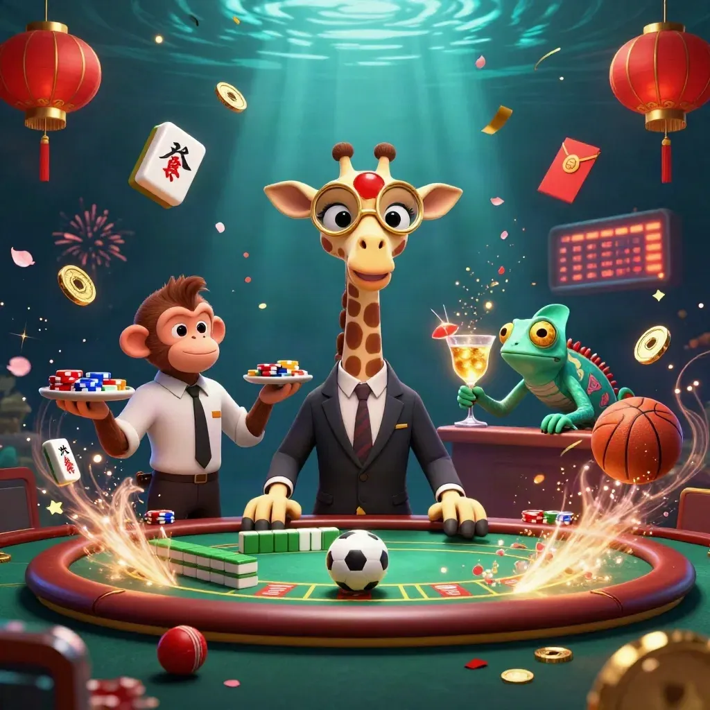 Casino sports mashup with giraffe, monkey, chameleon, flying balls, gold confetti